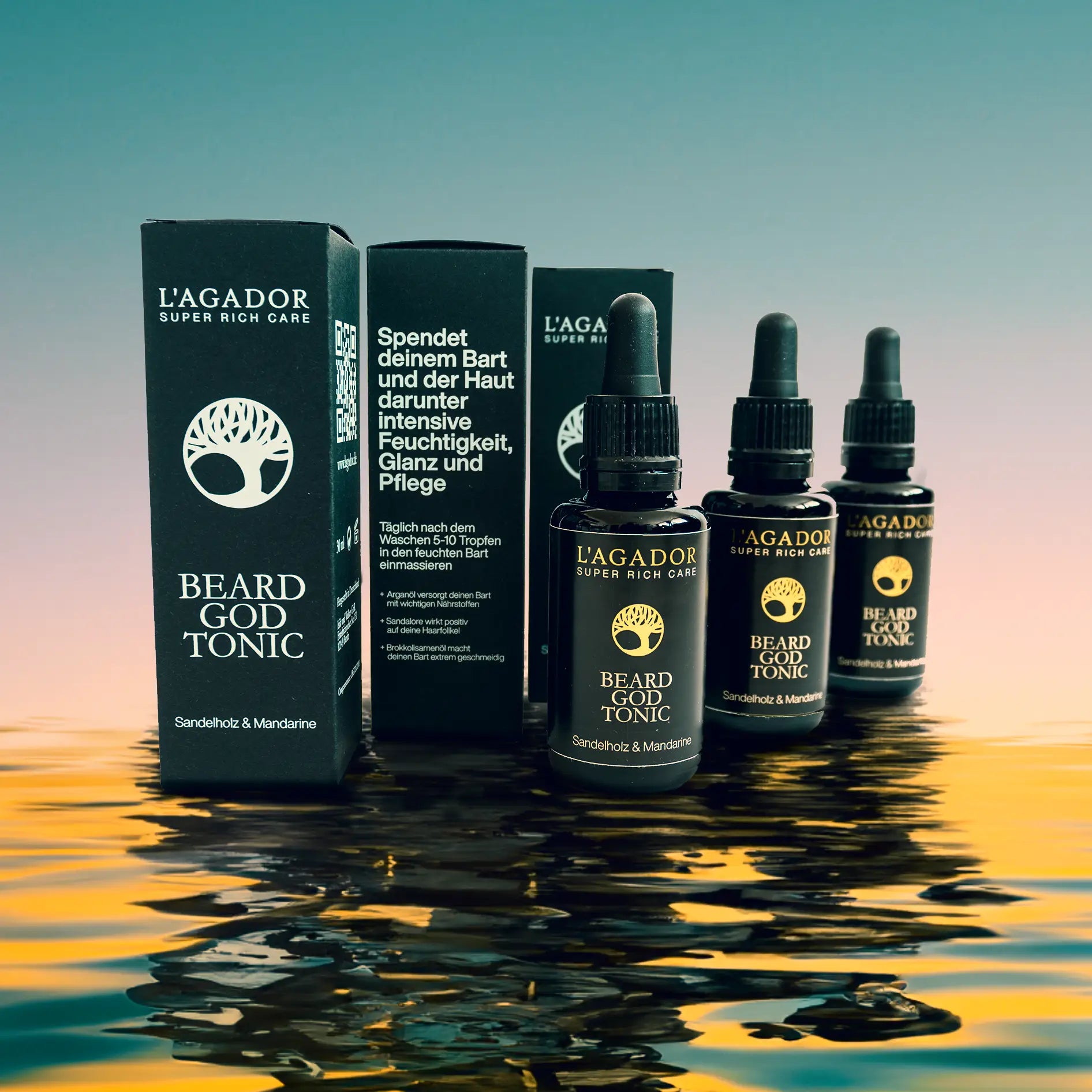 L’AGADOR Beard God Tonic Pipettenflaschen mit Kartons spiegeln sich auf der Wasseroberfläche vor einem farbenfrohen Hintergrund in Gelb, Rosa und Grün – stilvolle und moderne Produktinszenierung.