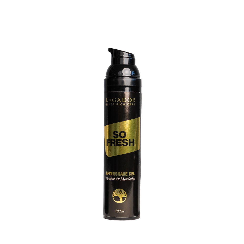 L’AGADOR Aftershave Gel „So Fresh“ auf weißem Hintergrund – hochwertiges Aftershave mit Menthol und Mandarine für erfrischte Männerhaut. 